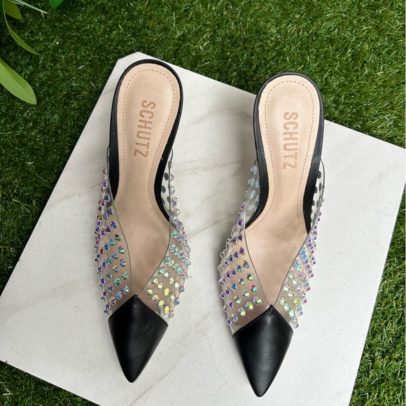 Schutz Greece Crystal Clear
Leather Mule Pumps Black/Transparente size 6.5 new - Picture 12 of 15